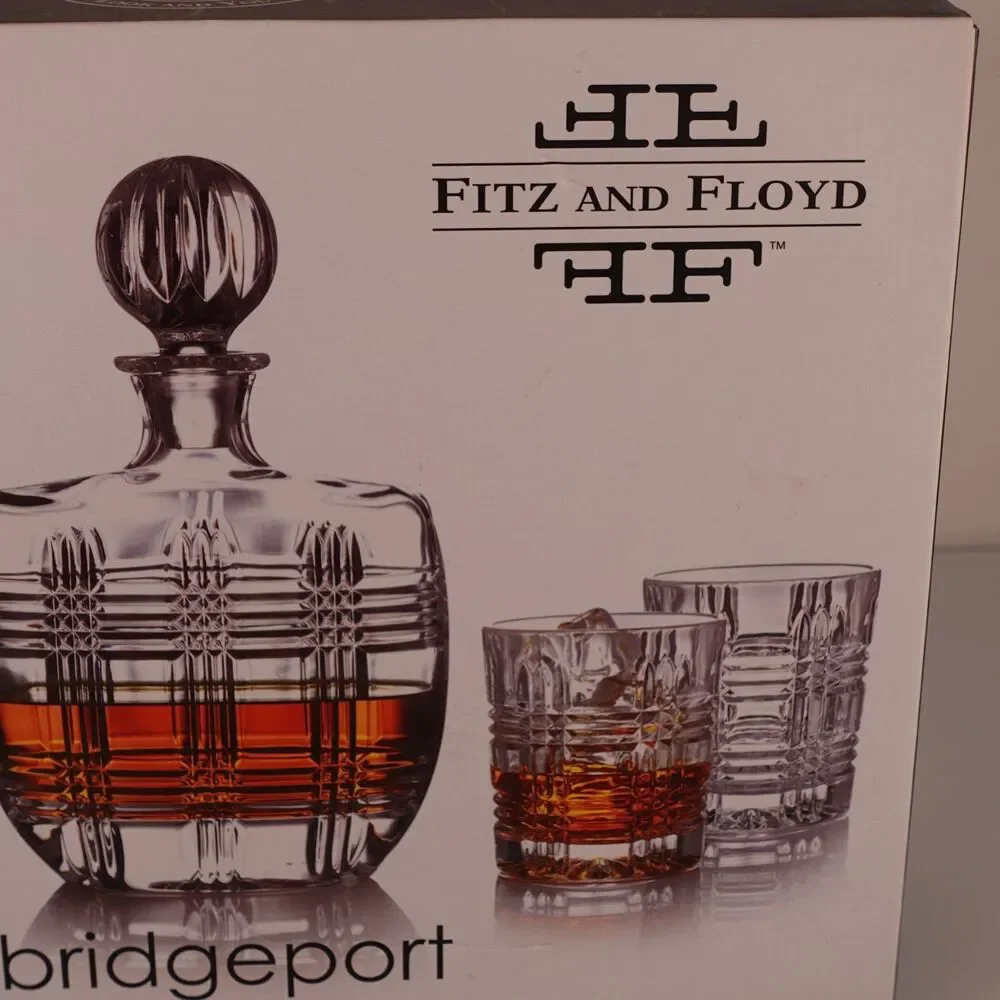 Fitz and Floyd Bridgeport Whiskey Decanter and 4 Old Fashion Whiskey Glasses NIB